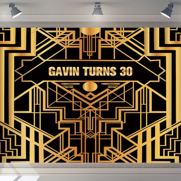 Custom Great Gatsby Backdrop Roaring 20S Gold and Black Banner Happy Birthday Party Decor Photography Birthday Banner