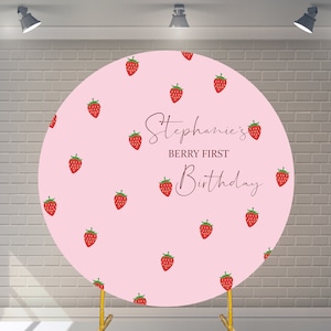 Fondo personalizado de primera ronda de bayas con fondo elástico de cumpleaños, fotografía de Baby Shower de fresa, fondo personalizado para fiesta y evento