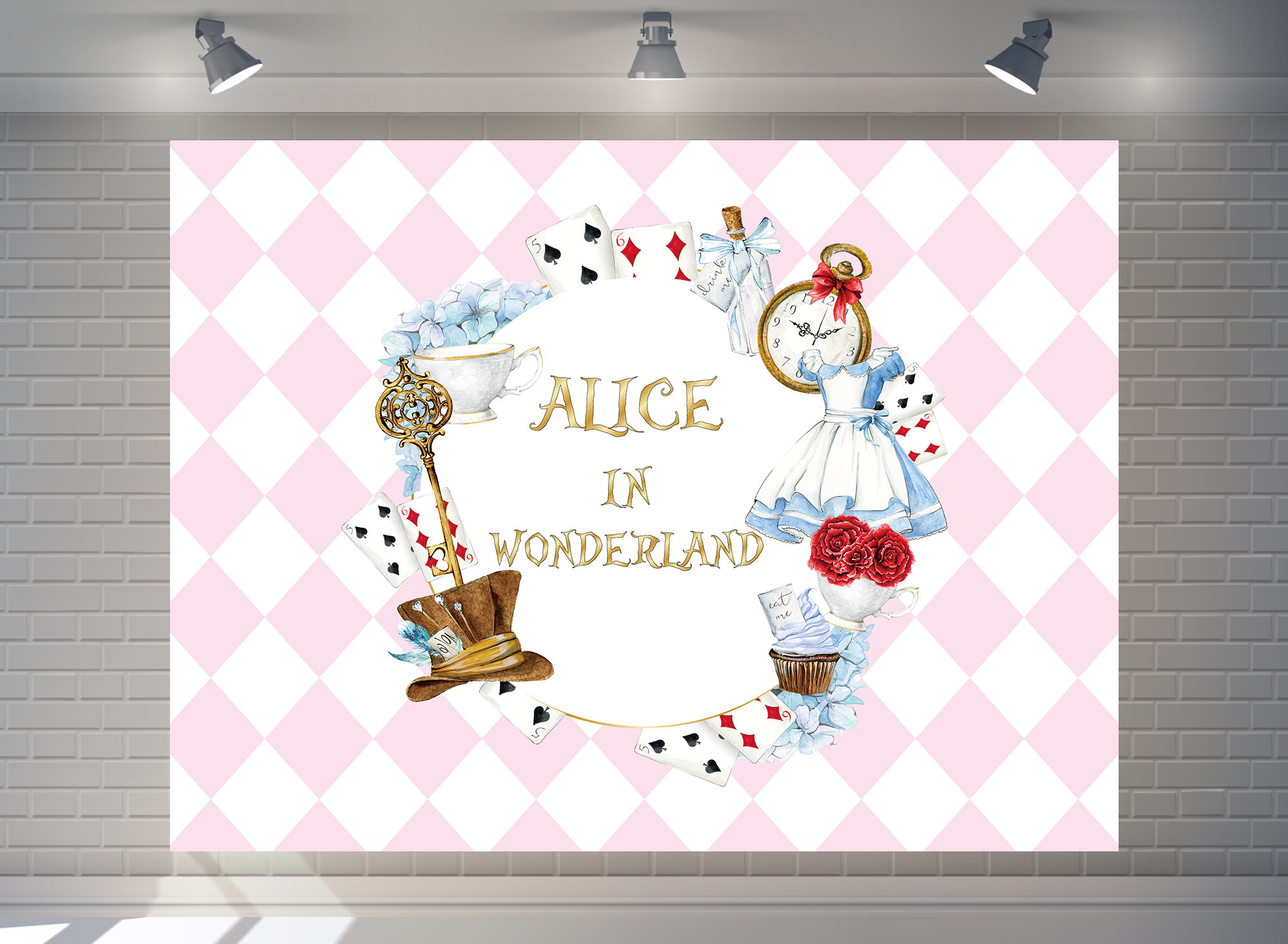 Birthday Party Set, Personalized Alice in Wonderland Backdrop,  Personalized, Vinyl Backdrop, Stickers, Decorations 