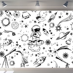 May include: Black and white illustration of an astronaut in a spacesuit standing on a rocket ship with stars, planets, and other space-themed objects in the background.