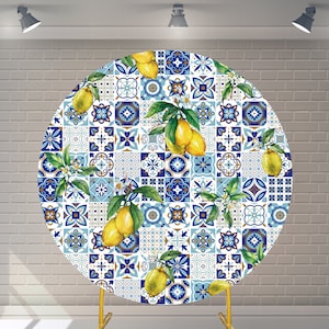 Custom Mediterranean Lemon Round Backdrop with Elastic Baby Shower Photography Main Squeeze Blue and White Porcelain Party Background