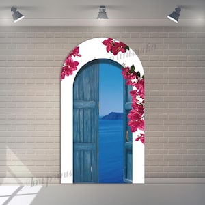 Benutzerdefinierte doppelseitiger Bogen Abdeckung Blaue Tür Hintergrund Geburtstag Hintergrund Mama Mia Fotografie Personalisierte Strand Thema Party Hintergrund
