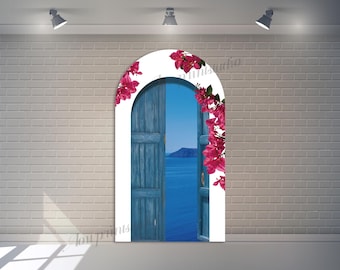 Custom Blue Door Arch Backdrop: Personalized Mama Mia Beach Theme Party Photography