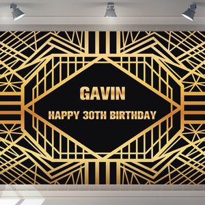 Custom Great Gatsby Backdrop Roaring 20S Gold and Black Banner Happy Birthday Party Decor Photography Birthday Banner