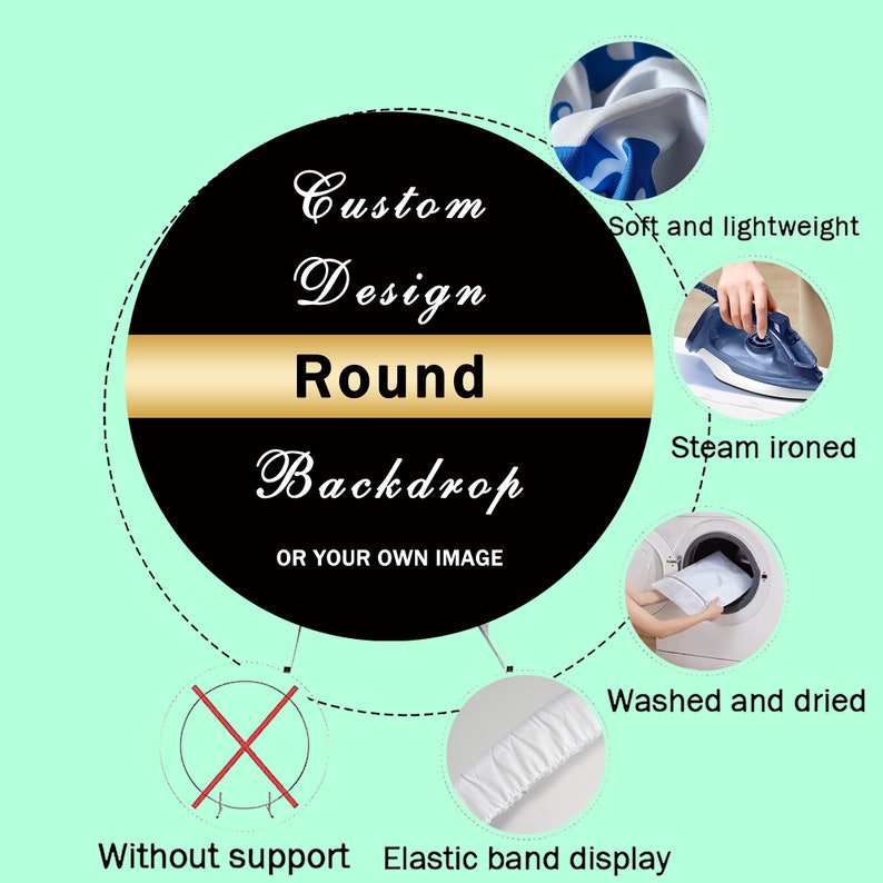 K&ouml;nnte beinhalten: Ein runder Hintergrund in Schwarz und Gold mit dem Text "Custom Design Round Backdrop or Your Own Image". Der Hintergrund wird mit verschiedenen Merkmalen gezeigt, darunter weich und leicht, dampfgeb&uuml;gelt, gewaschen und getrocknet sowie mit einem Gummiband zur Pr&auml;sentation.