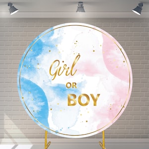 Aangepaste geslacht onthullen Gilr of Boy ronde achtergrond met elastische verjaardag achtergrond gepersonaliseerde baby shower achtergrond