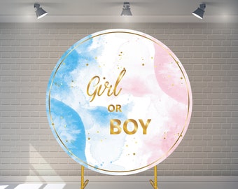Custom Gender Reveal Gilr or Boy Round Backdrop with Elastic Birthday Backdrop  Personalized Baby Shower Background