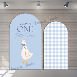 May include: Two arched backdrop panels. One panel is light blue with a cartoon goose and text that reads "Gray is One Silly Goose." The other panel has a blue and white gingham pattern.