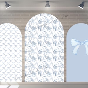 Custom Double-Sided Arch Cover Blue Florals Bear Birthday Backdrop Blue Bows Baby Shower Photography Personalized Event Party Background