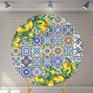 Custom Blue And White Porcelain Mediterranean Pattern Round Backdrop with Elastic Birthday Backdrop  Personalized Lemon Background
