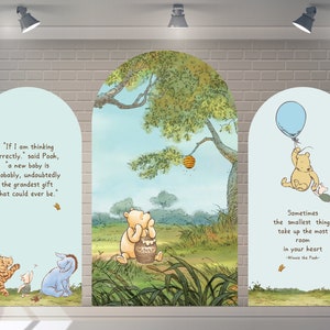 Copertura ad arco bifacciale personalizzata Winnie Bear Backdrop Sfondo di compleanno Baby Shower Fotografia Sfondo personalizzato per feste ed eventi
