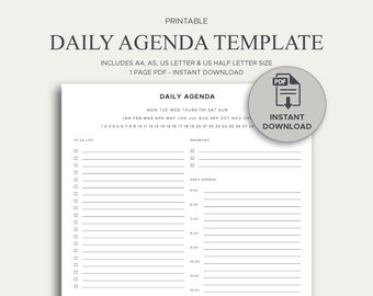 Daily Agenda Template, Daily Planner, Hourly Planner, Productivity Planner, To Do List, Daily Schedule, Undated Planner, Minimalist Planner