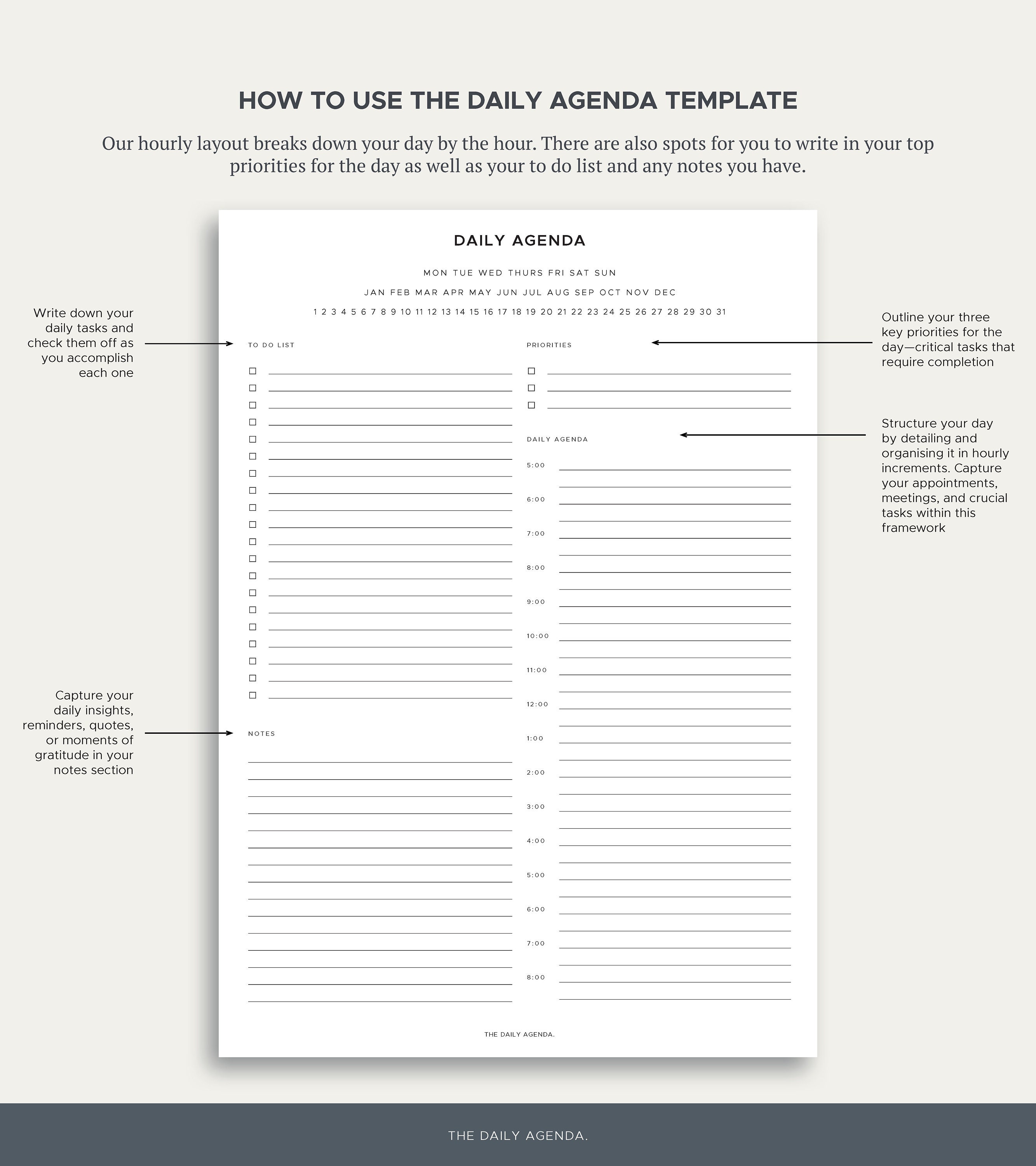Daily Agenda Template, Daily Planner, Hourly Planner, Productivity