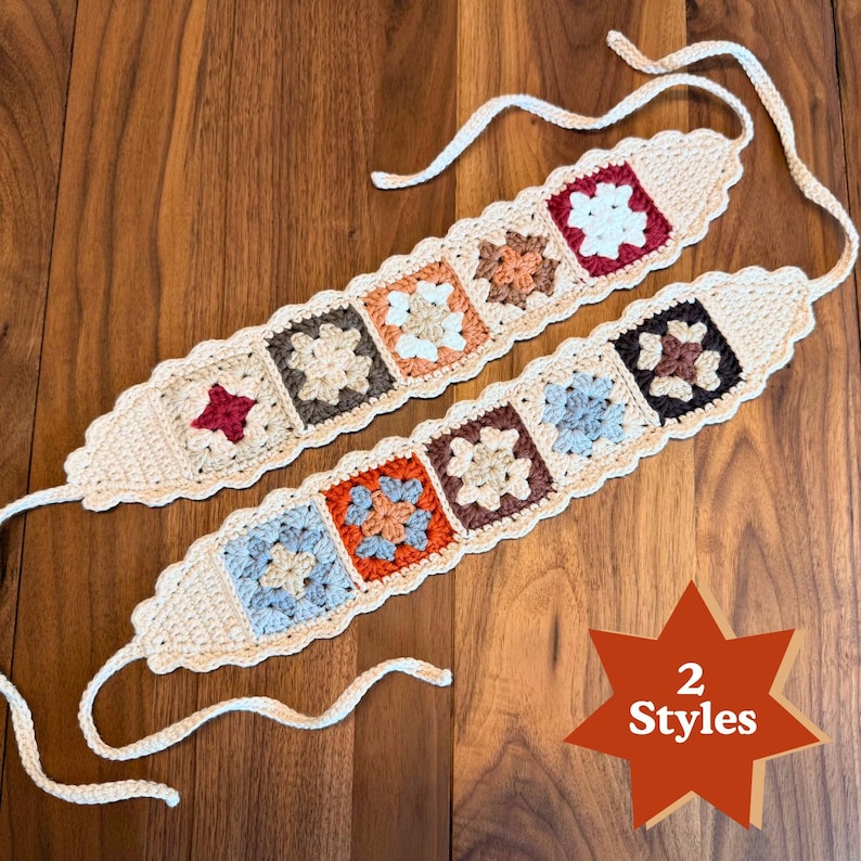 Two rustic granny square crochet headbands displayed on a wooden surface, showing different floral motif color combinations and labeled as two available styles.