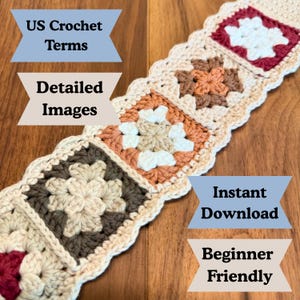 Rustic granny square crochet headband displayed on a wooden surface with text overlays highlighting US crochet terms, detailed images, instant download, and beginner-friendly pattern features.