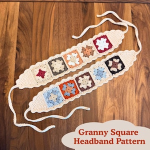 May include: Two crochet headbands with a granny square design. Each headband features a series of colorful squares in shades of red, brown, orange, blue, and cream, connected by a cream-colored border. The text "Granny Square Headband Pattern" is visible.