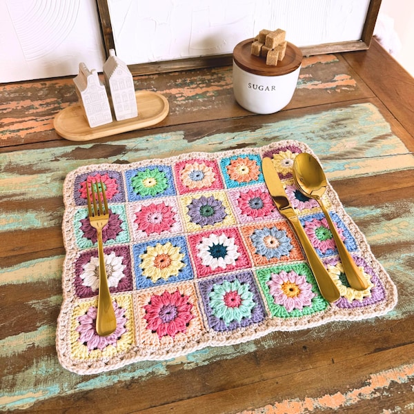 Patroon lente gehaakte placemat pdf | Bloem oma vierkant tafeldecor | Haakpatroon voor beginners | Direct downloaden | Borstelhaak: