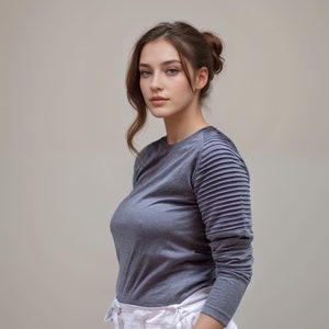 Women&#39;s Pleated Shoulder Long Sleeve Shirt | Organic Cotton Slim-Fit T-Shirt in colour Grey | Sustainable, Breathable & stretchable cotton