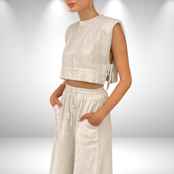 Women's nature-inspired 2-piece Pure Cotton Linen Crop Top and Pant Sets. Sleeveless Padded-Shoulder Lace-Up Tops with Wide Legs Long Pants.