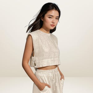 Women's Cotton Two Piece Set | Padded Shoulder Top, Wide Leg Pants