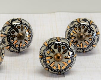 Gold and Black Floral Knob, Ceramic Flower Drawer Pull, Foiled Gold Furniture Knob, Black and Gold Cabinet Handle, Cabinet Hardware