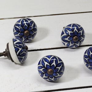 White and Blue Floral Knob, OneDresser Furniture Cabinet pull