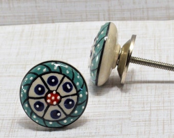 Ceramic Teal Green Red and Cream Scroll Knob, One Cabinet Furniture Drawer pull