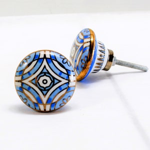 Art Deco Drawer Pull, Blue Furniture Knob, White Geometric Door handle, Kitchen Cabinet Hardware