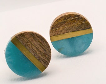 Turquoise Wood Knob, One Gold Cabinet Furniture Drawer pull