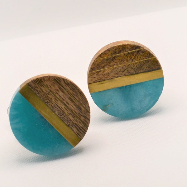 Turquoise Wood Knob, One Gold Cabinet Furniture Drawer pull