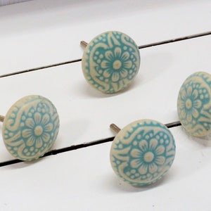 Turquoise Floral Knob, One Dresser Cabinet Furniture Drawer Pull
