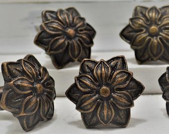 Bronze Flower Knob, One Cabinet Furniture Drawer Pull, Layered Floral Decor