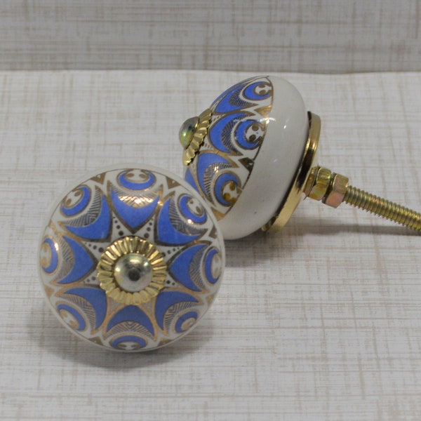 Elegant Blue and Gold knob, One Cabinet Furniture Drawer pull