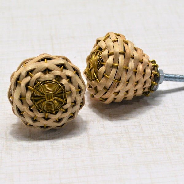 Tan Woven Straw and Metal Knob, One Cabinet Furniture Drawer Pull