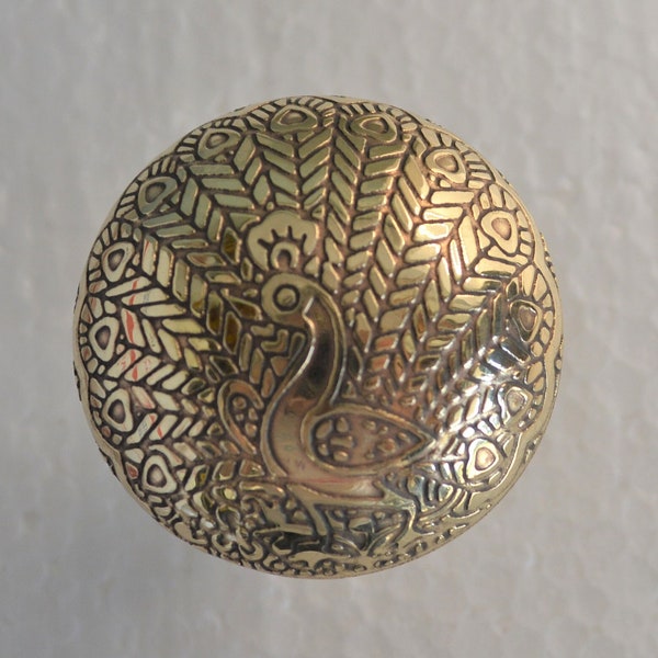 Brass Peacock Knob, One Gold Etched Cabinet Furniture Drawer Pull