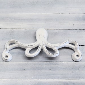 Distressed White Octopus Drawer Pull, Beach House Decor, 6 1/8&quot; Inch Centers.  Over 50 colors available