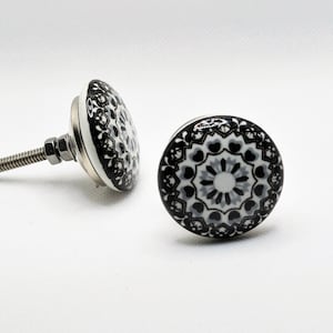 Black and White Ceramic knob, Hearts Drawer Pull, Mandala Door Handle, Kitchen Cabinet Hardware