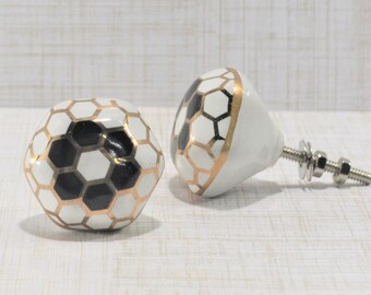 Black Honeycomb Knob, White Flower Drawer Pull, Bee Hive Door Handle, Ceramic Cabinet Hardware