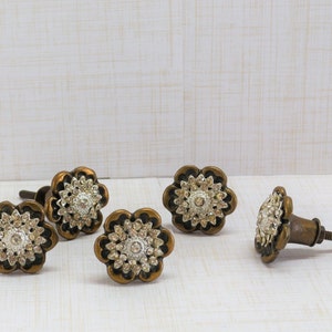 Antique Brass Floral Knob with Rhinestones, One Cabinet Furniture Drawer Pull