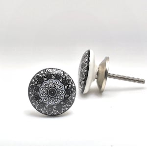 Black Marrakesh knob, Grey and White Drawer Pull, Bangladesh Gray Scroll Furniture Handle Ceramic Cabinet Handle
