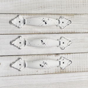White Ornate Drawer Pull, Shabby Chic Door Handle, 4 1/2&quot; Centers, Distressed Furniture Knob, Kitchen Cabinet Hardware