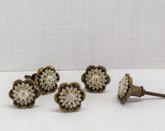 Antique Brass Floral Knob with Rhinestones, One Cabinet Furniture Drawer Pull