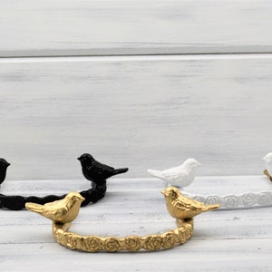 Gold Bird Drawer pull, Black floral Cabinet Handle, 3 1/4&quot; Centers, White Bird Knob, Center to Center 3 1/4 Inch, Over 50 colors available