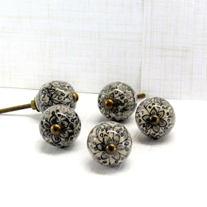 Gray and Beige Floral Knob, Black Flower Drawer Pull, Ceramic Grey Door Handle, Kitchen Cabinet Hardware