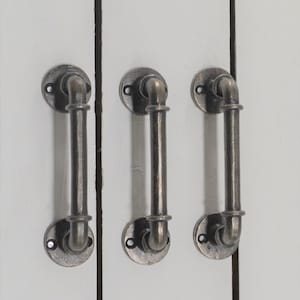 Rustic Pipe Drawer Pull, Antique Silver Pipe Door Handle, 3 7/8 Inch Center, Plumbers Knob, Pipe Drawer Pull, Center to Center 3 7/8&quot;