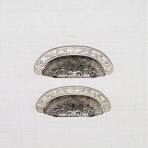 Silver Baroque Cup Pull, Chiselled Drawer Pull, 2 1/2&quot; Centers, Inscribed Silver Furniture Knob, Kitchen Cabinet Hardware