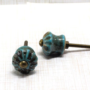 Teal Fluted Knob, Rustic Floral Drawer Pull, scallop door handle, Kitchen Cabinet Hardware
