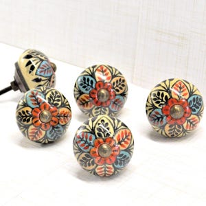 Red Motif Flower Knob, Black Floral Drawer Pull, Ceramic Door Handle, Kitchen Cabinet Hardware