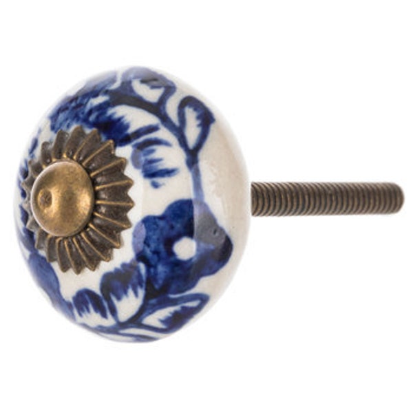 Blue Floral Ceramic Knob, Beige Off White, One Furniture Cabinet Hardware pull