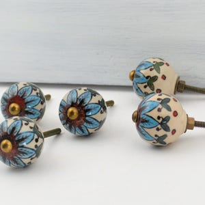 Blue Floral Knob, Flower Drawer Pull, Ceramic Door Handle, Kitchen Cabinet Hardware